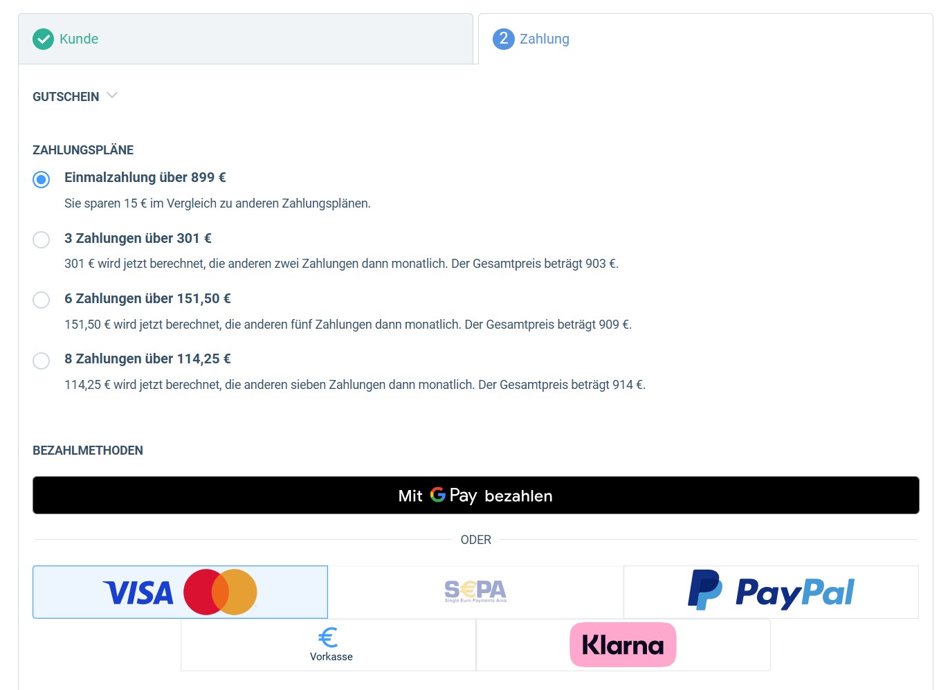 Digistore24-Bestellformular, Schritt Zahlung: Einmalzahlung oder 3, 6 und 8 Raten, Bezahlmethoden Google Pay, Visa, Mastercard, SEPA, PayPal, Vorkasse und Klarna
